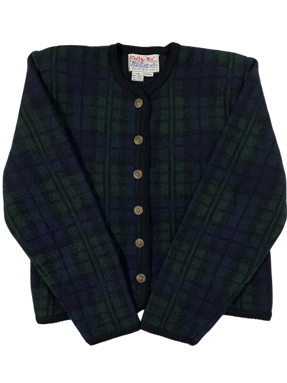 Tally-Ho Black Watch Plaid 100% Wool Cardigan Sweater Petite Medium